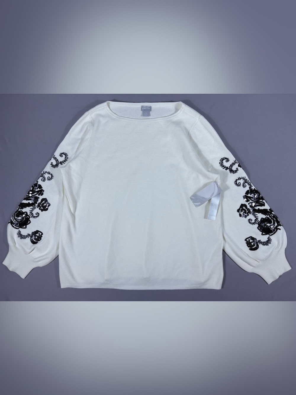NWT Chico’s Beaded Floral Sleeve Sweater Women’s XL White Boat Neck